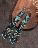 Boho-Chic Blue & Brown Aztec Beaded Long Tassel Earrings