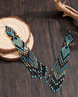 Boho-Chic Blue & Brown Aztec Beaded Long Tassel Earrings