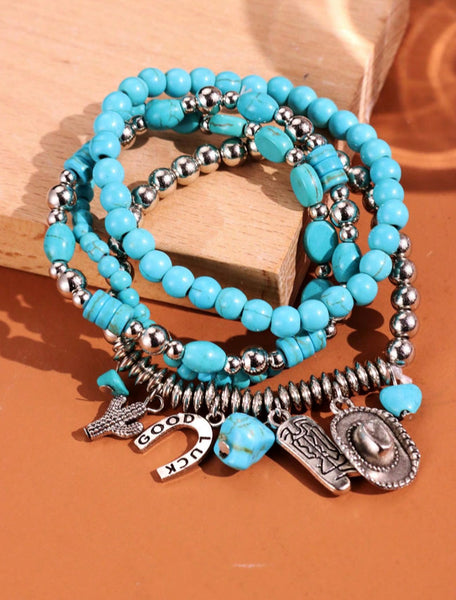 Turquoise & Silver Western Bracelets with Charms (4 Pieces)
