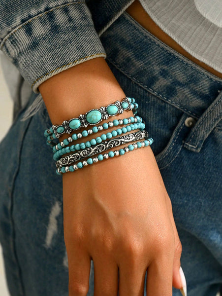 Turquoise & Silver Boho Western Bracelets (5 Pieces)