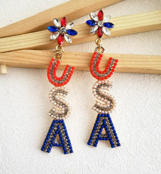 Patriotic USA Beads & Rhinestones Earrings