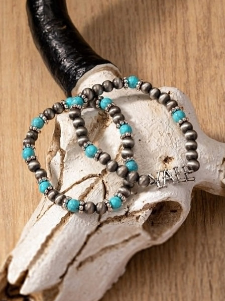 Turquoise & Silver "Y'all" Western Bracelets (2 Pieces)