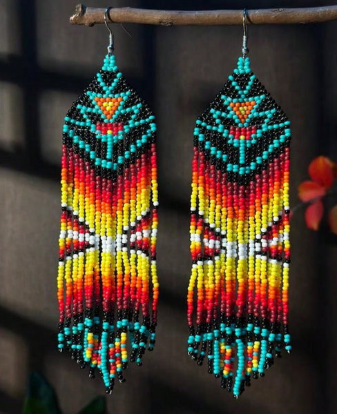 Boho-Chic Yellow & Red Beaded Long Tassel Earrings