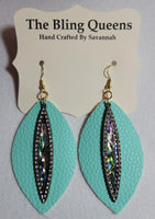 Teal Leather - Leaf Shaped Earrings with Charms