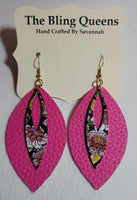 Hot Pink Leather - Leaf Shaped Earrings with Charms