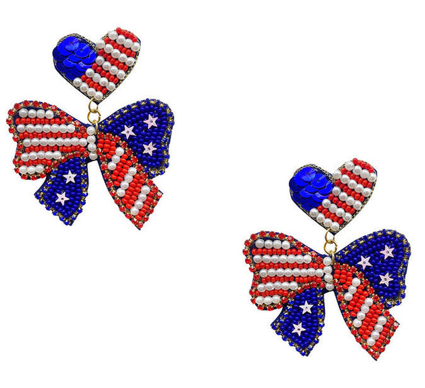 American Flag Bow/Heart Seed Bead Earrings