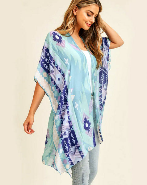 CLEARANCE - Aqua/Blue Boho Aztec Print Kimono or Coordinating Tote (Each Sold Seperately)