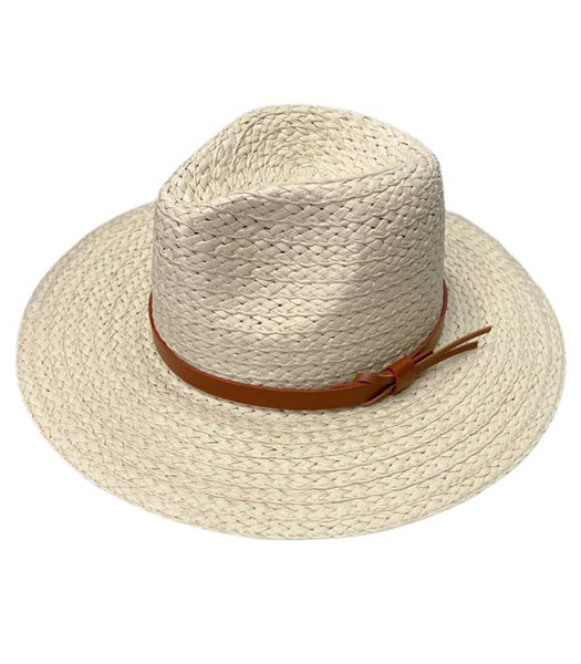 CLEARANCE - Summer Beige Straw Hat with Faux Leather Hatband