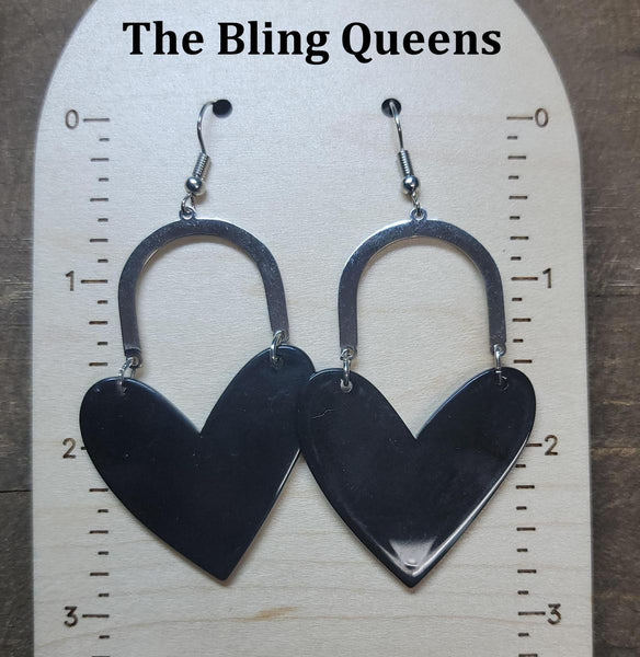 Black Acrylic Hearts & Silver Arches Earrings