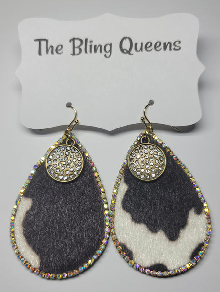Blingy Teardrop Cow Earrings with Charms (2 Choices)