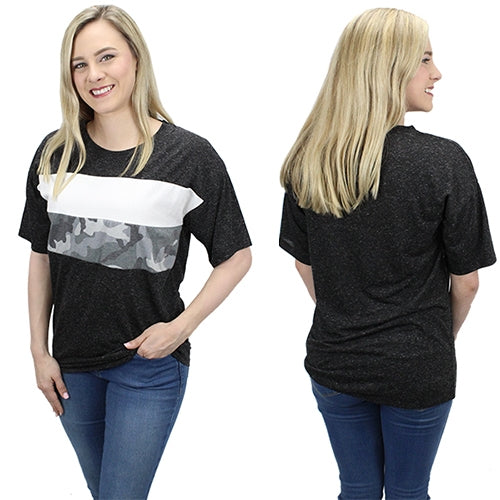 Black Camouflage Color Block Top