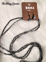 Black/Gray Druzy Stone with Fabric Tassel Necklace Set