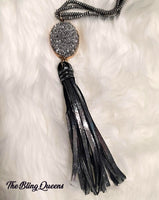 Black/Gray Druzy Stone with Fabric Tassel Necklace Set