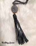 Black/Gray Druzy Stone with Fabric Tassel Necklace Set