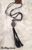 Black/Gray Druzy Stone with Fabric Tassel Necklace Set