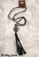Black/Gray Druzy Stone with Fabric Tassel Necklace Set