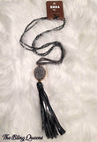 Black/Gray Druzy Stone with Fabric Tassel Necklace Set