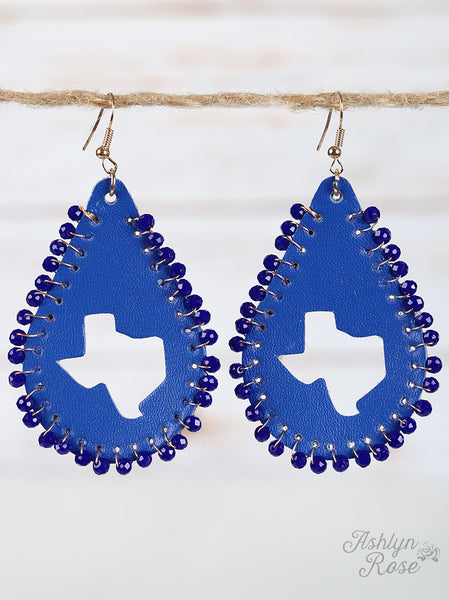 Blue Leather Texas Cut Out Tear Drop Earrings