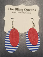 Blue Stripes & Red Oval Leather Earrings