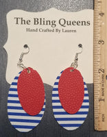 Blue Stripes & Red Oval Leather Earrings