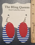 Blue Stripes & Red Oval Leather Earrings