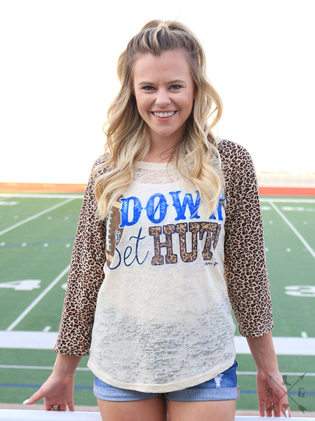 "Down, Set, Hut" Leopard Raglan Shirt (Football) - Last 2