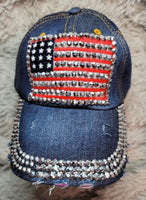 CLEARANCE - "Flag" Studded Distressed Dark Denim Ball Cap