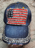 CLEARANCE - "Flag" Studded Distressed Dark Denim Ball Cap