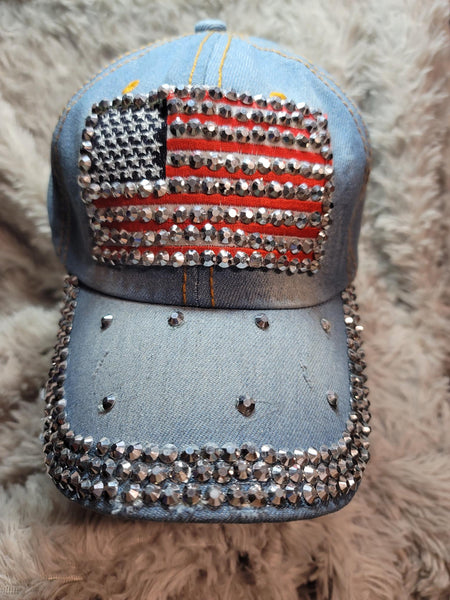 CLEARANCE - "Flag" Studded Distressed Denim Ball Cap