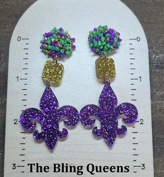 Beaded Pom Stud Earrings with Glittered Acrylic Fleur-De Lis Charms