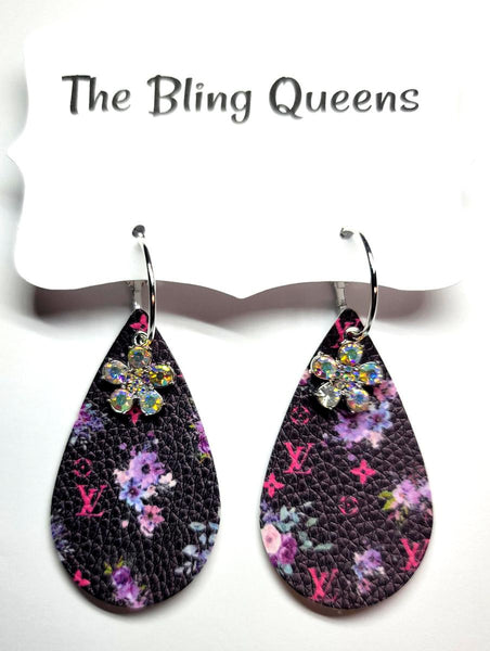 Black Floral Teardrop Earrings with Charms