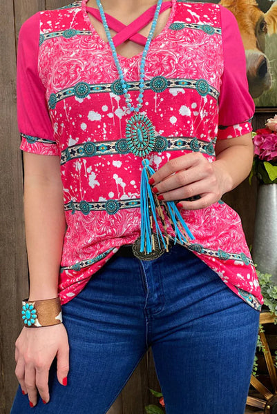 Fuchsia/Turquoise Jewel Printed Top