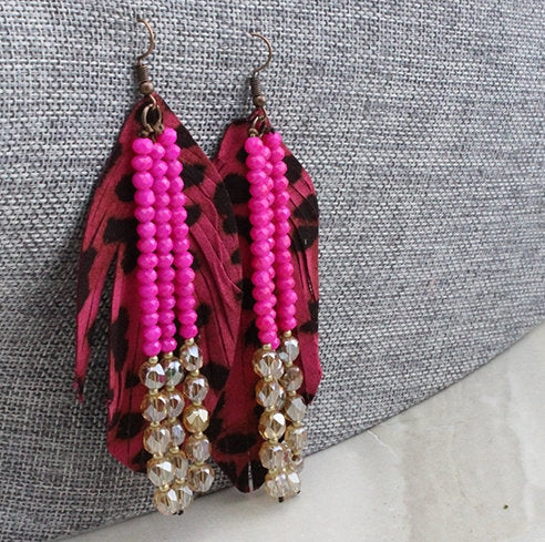 Hot Pink Leopard Leather Feather Earrings with Crystal Beaded Tassel