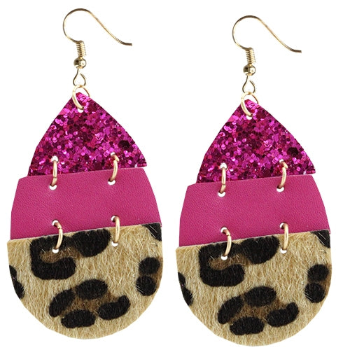 Fuschia Glitter Leopard Tear Drop Earrings