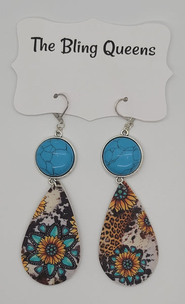 Western Sunflowers, Cow Print & Turquoise Stones Earrings