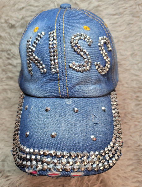 CLEARANCE - "Kiss" Studded Distressed Denim Ball Cap