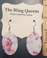 Light Pink Floral Oval Leather Earrings
