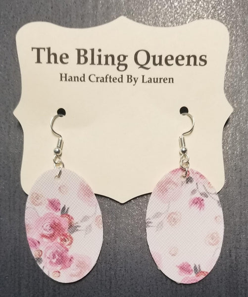 Light Pink Floral Oval Leather Earrings