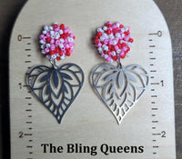 Beaded Pom Stud Earrings with Steel Hearts