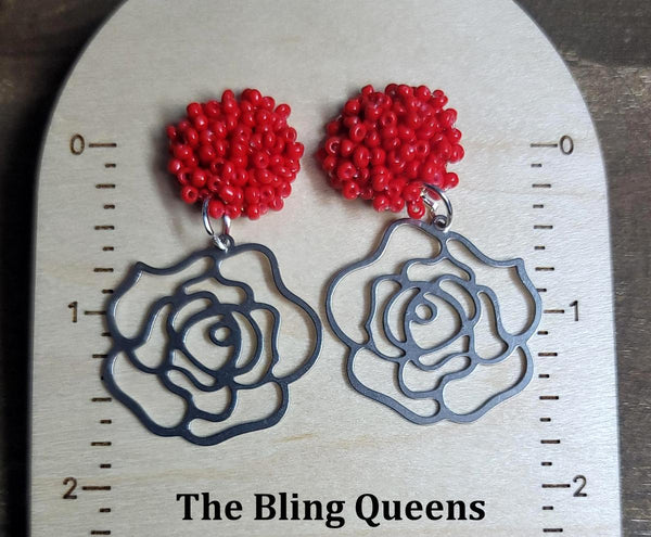 Beaded Pom Stud Earrings with Steel Roses