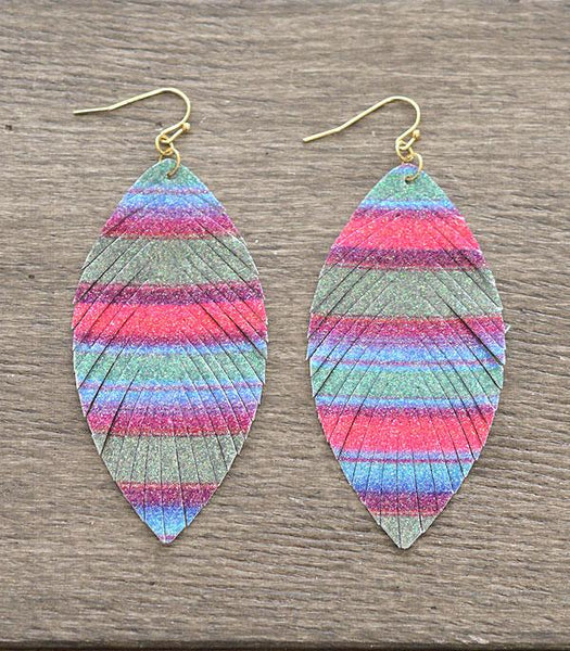 Leather Multi Color Glitter Feather Earrings