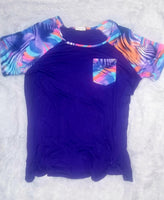 Purple Short Sleeve Shirt with Printed Sleeves & Pocket