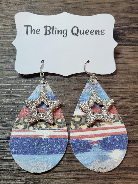 Patriotic Leopard Teardrop Earrings with Star Charms