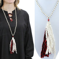 Buffalo Plaid Pearl Beaded Tassel Necklace
