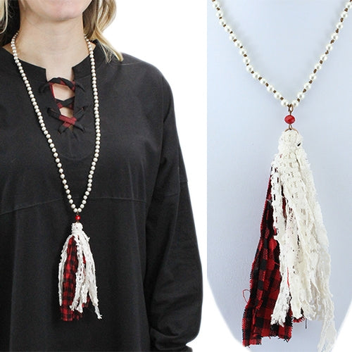 Buffalo Plaid Pearl Beaded Tassel Necklace