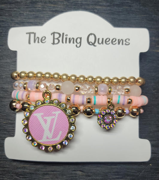 Pink & Gold Stack Bracelets with Charms