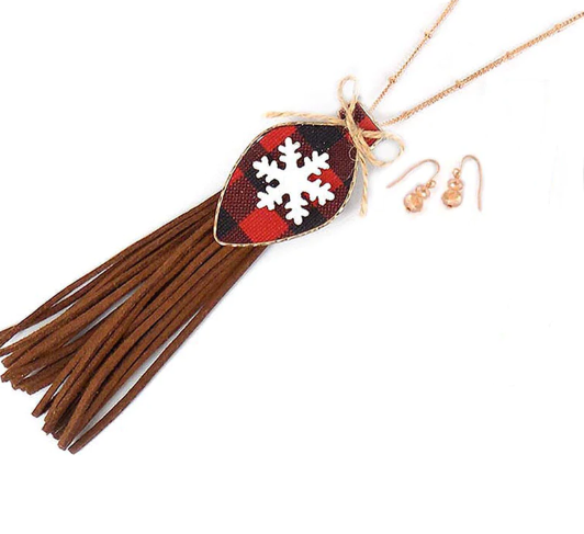 Red Buffalo Plaid Snowflake Christmas Light Tassel Necklace Set