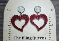 White Druzy Post Earrings with Red Glittered Acrylic Heart Charms