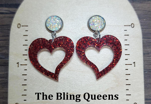 White Druzy Post Earrings with Red Glittered Acrylic Heart Charms