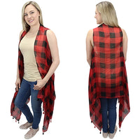 Lightweight Red/Black Buffalo Plaid Vest with Tassels - One Size